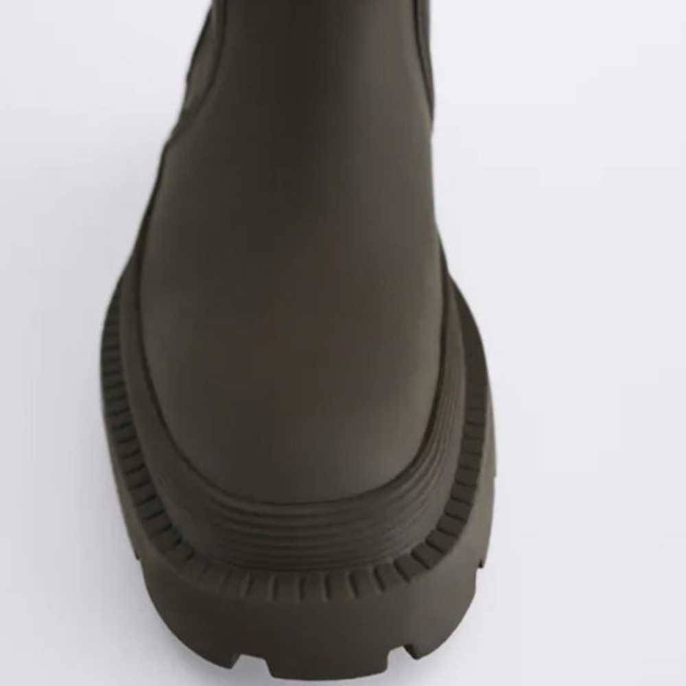 ZARA Khaki Green Rubber Knee-High Chunky Low Platform Pull-On Rain Comfort Boots - Picture 8 of 16